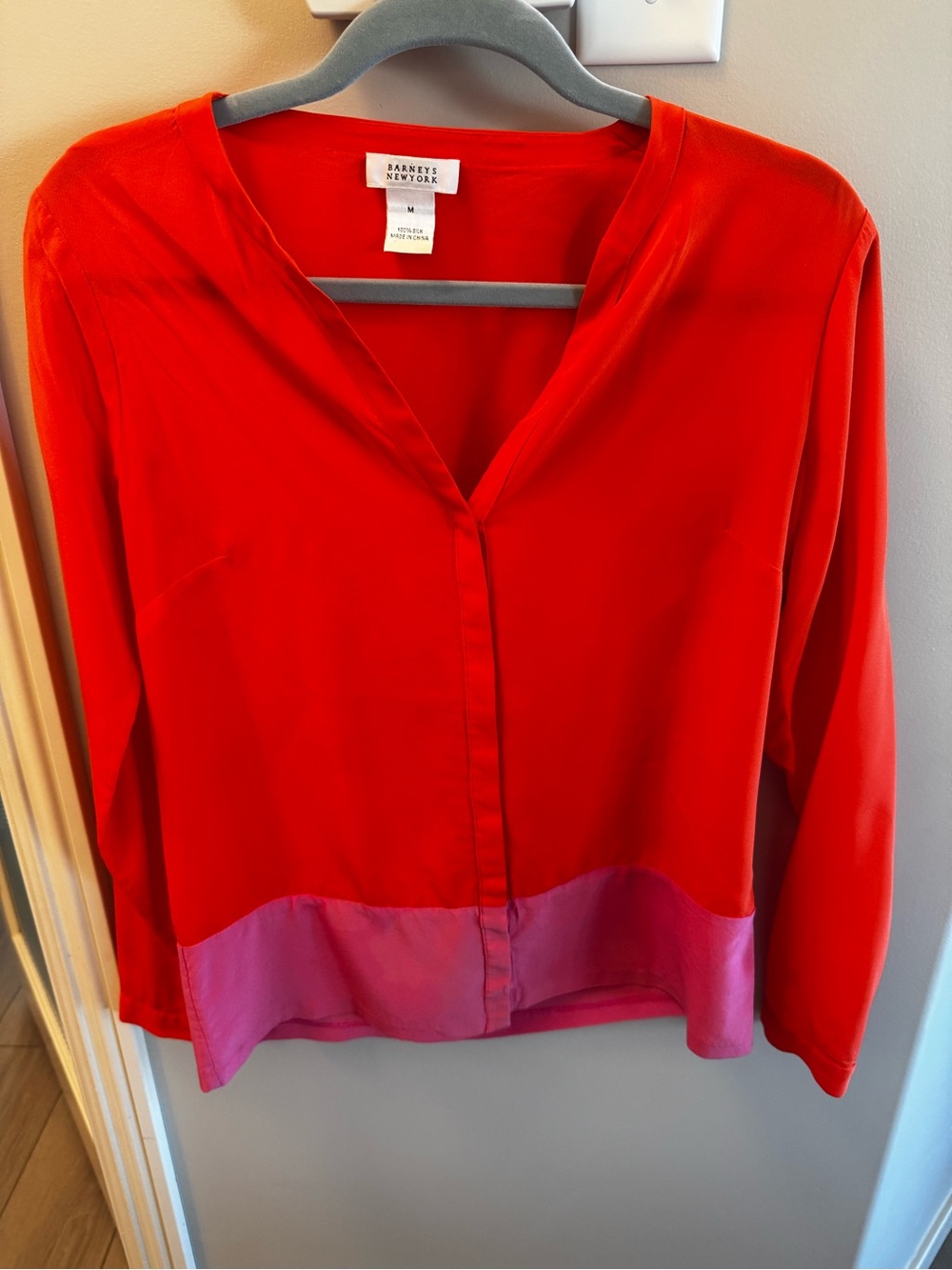 Barneys New York Red and Pink Colorblock V-Neck Blouse - 100% Silk